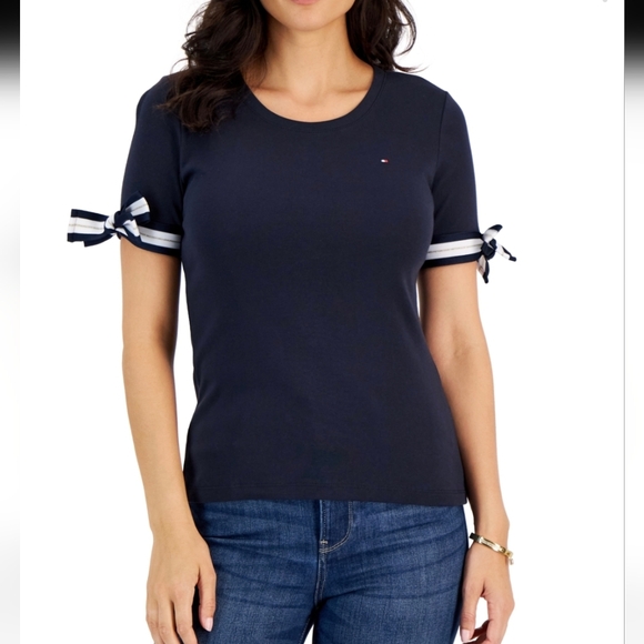 Tommy Hilfiger Tops - Tommy Hilfiger Women's 100% Cotton Navy Tee with Striped Bow Sleeves, size M